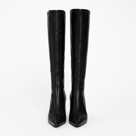 Franco Sarto Black Leather Pull-On Knee High Boots Size 8 Pointed Toe Heel - Picture 1 of 8
